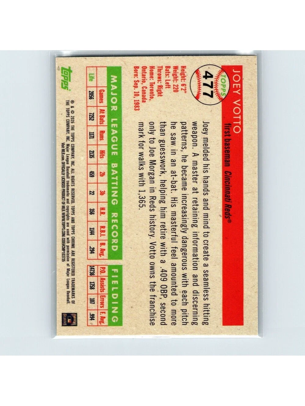 2025 Topps Chrome Platinum Joey Votto #477 Toile White Green Refractor /99 Reds
